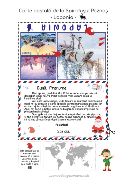 Pagină de colorat de imprimat Polul Nord Călătoria Elfului De Crăciun Carte Poștală Laponia Finlanda Carte Poștală De La Un Singur Gnom