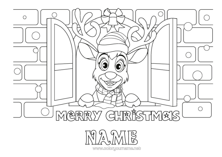 Colouring page to print Reindeer Christmas Forest Animals "Merry Christmas" Message Window
