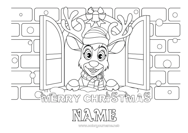 Coloring page to print Reindeer Christmas Forest animals “Merry Christmas” message