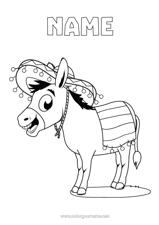 Colouring page to print Animal Mexico Farm Animals Sombrero Donkey