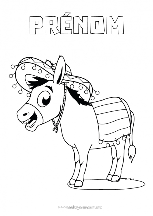 Coloriage à imprimer Animal Mexique Animaux de la ferme Sombrero âne