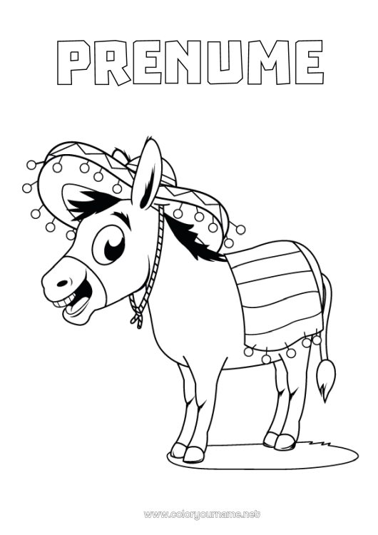 Pagină de colorat de imprimat Animal Mexic Animale de fermă Sombrero Măgar