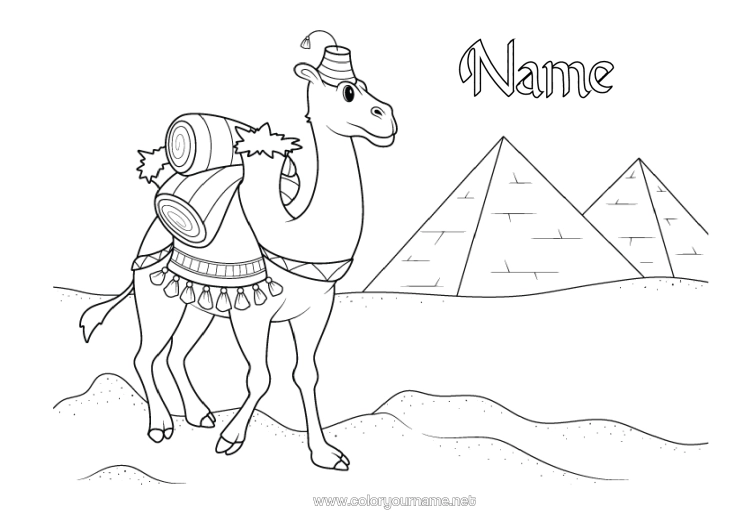 Colouring page to print Animal Egypt Wild Animals Of Africa Pyramid Camel, Dromedary