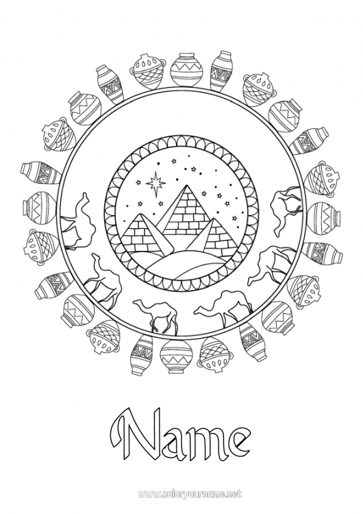 Coloring page to print Mandala Egypt Vase Wild animals of Africa Pyramid Camel, dromedary