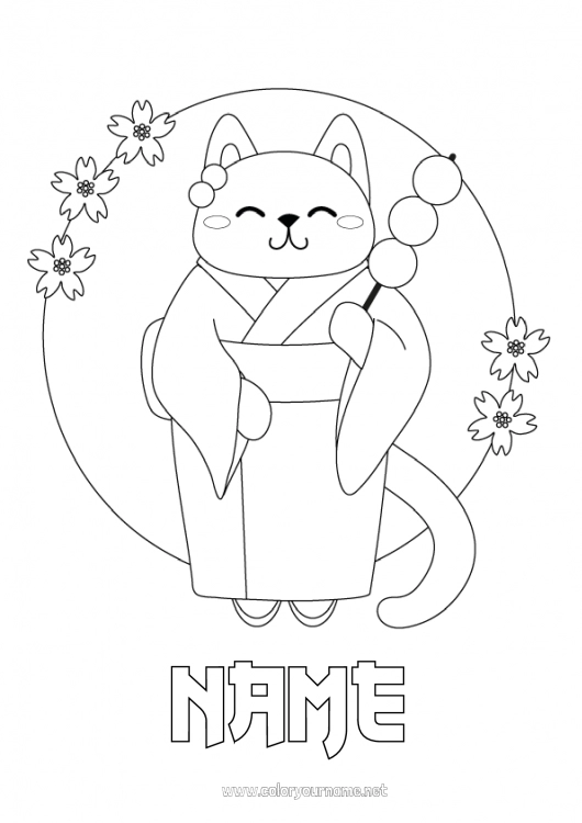 Coloring page to print Cat Animal Japan Kimono Dog and cat