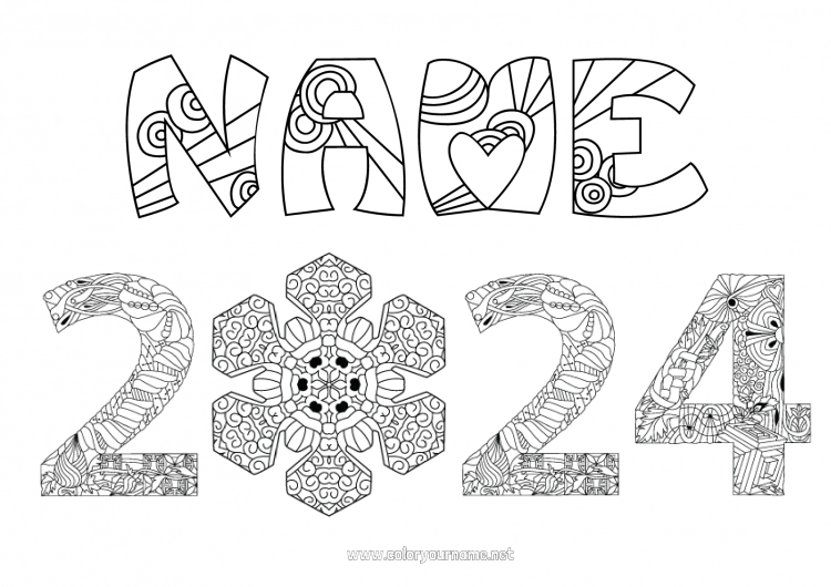 Coloring page to print Happy new year Snowflakes Complex coloring pages 2024