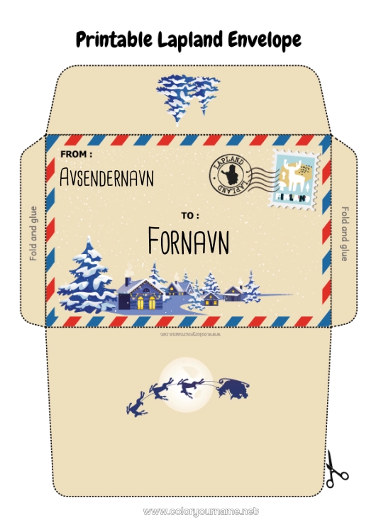 Fargeleggingssiden til utskrift Vinter Jul Konvolutt Land Utskriftsvennlig konvolutt Julealvens reise Lappland Finland Konvolutt for nissepost