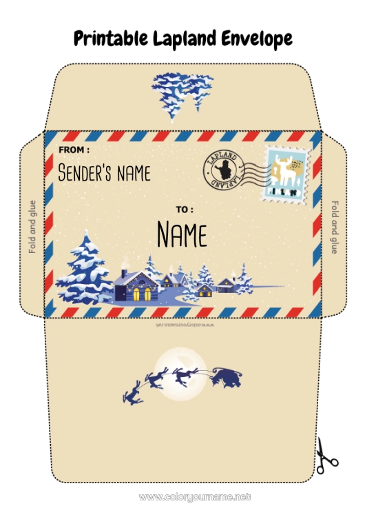 Colouring page to print Winter Christmas Envelope Country Print Envelope Mischievous Elf's Journey Lapland Finland Envelope For The Christmas Trickster Elf's Mail
