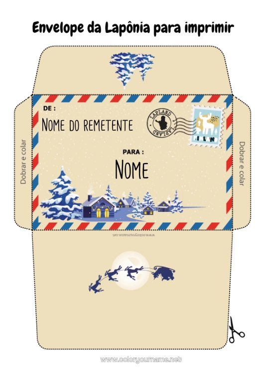 Página de desenho para imprimir Natal Envelope Envelope para imprimir Viagem do Elfo de Natal Lapônia Finlândia