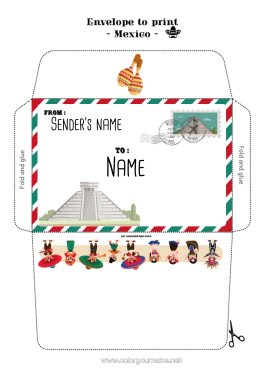 Colouring page to print Envelope Mexico Country Print Envelope Monument Mischievous Elf's Journey Envelope For The Christmas Trickster Elf's Mail