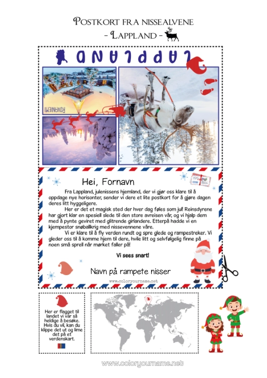Fargeleggingssiden til utskrift Julealver Nordpolen Julealvens Reise Postkort Lappland Finland Postkort Fra Flere Nisser Flere Rampenisser