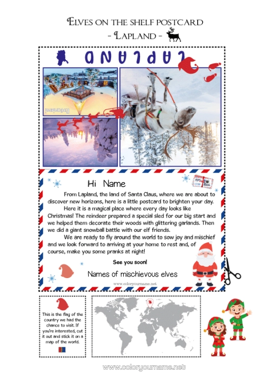 Colouring page to print Christmas Elves North Pole Mischievous Elf's Journey Postcard Lapland Finland Postcard Of Multiple Elves Several Mischievous Elves.