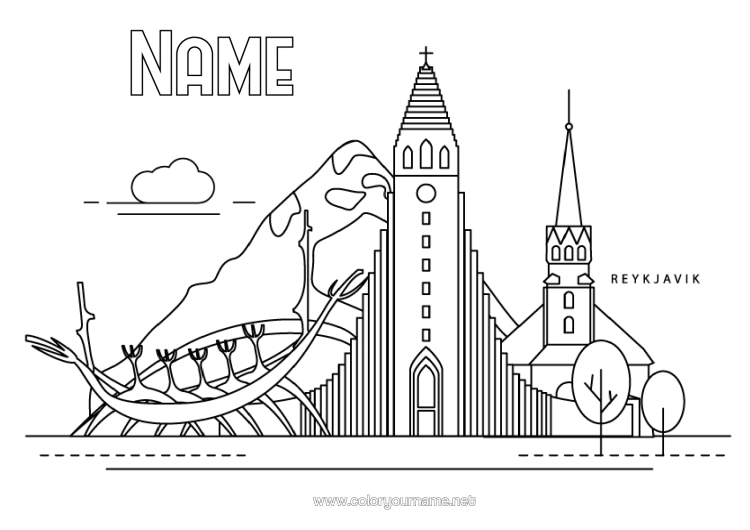 Colouring page to print Cityscape Iceland Viking