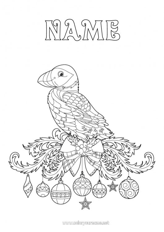 Coloring page to print Christmas bauble Animal Flying birds and mammals Iceland Puffin