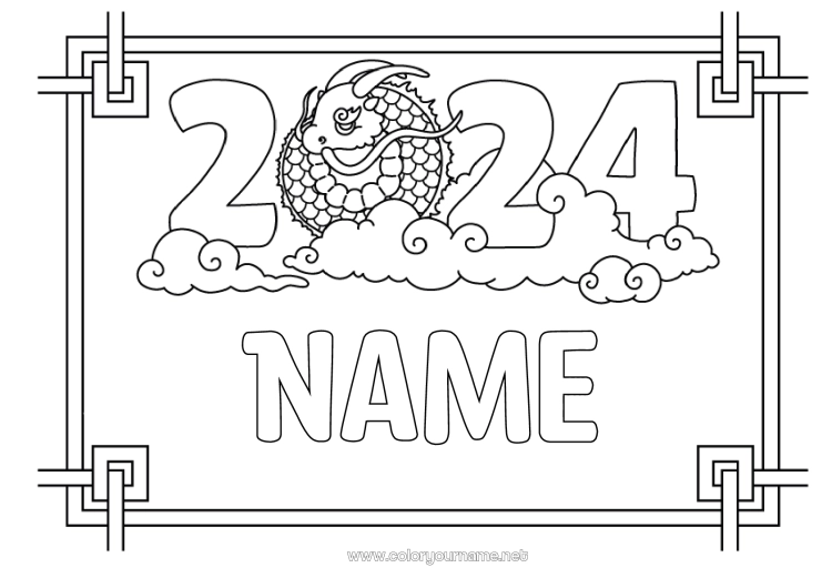 Coloring page to print Dragon Chinese New Year Dragons, unicorns and fantastic animals 2024