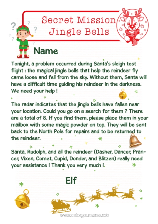 Colouring page to print Bell Christmas Elf's Mission Letters From Mischievous Elves Bells