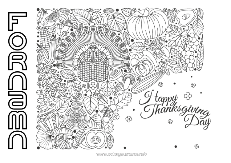 Färgläggningssida att skriva ut Pumpa Tacksägelsedagen Kalkon Höst Grönsaker Zentangle Gårdsdjur