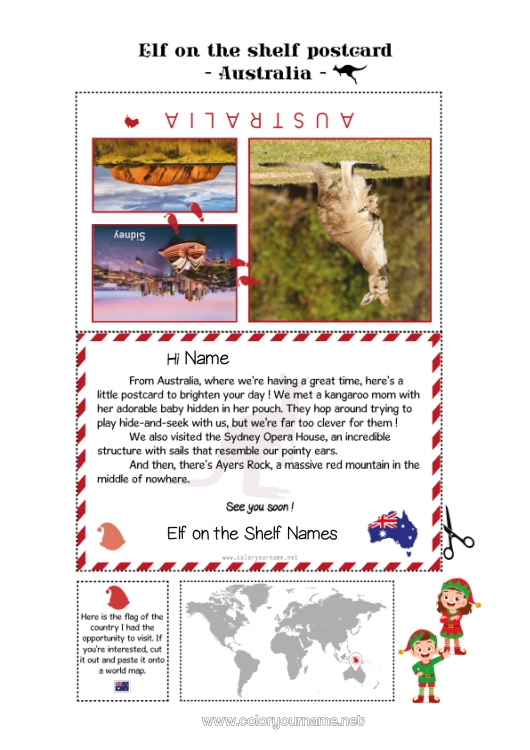 Coloring page to print Australia Elf on the Shelf Trip Postcard Postcard of SEVERAL elves