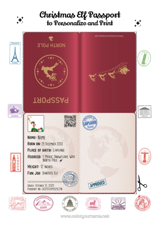 Colouring page to print Christmas Elves North Pole Mischievous Elf's Journey Goblin Passport Trickster Goblin Identification Papers
