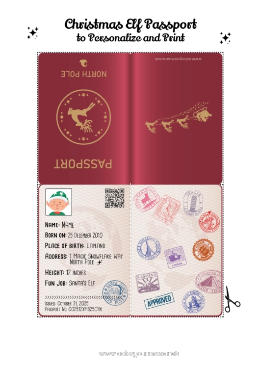 Colouring page to print Christmas Elves North Pole Mischievous Elf's Journey Goblin Passport Trickster Goblin Identification Papers