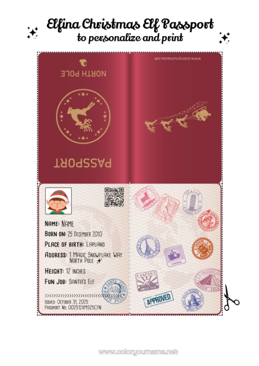 Colouring page to print Christmas Elves North Pole Mischievous Elf's Journey Goblin Passport Trickster Goblin Identification Papers