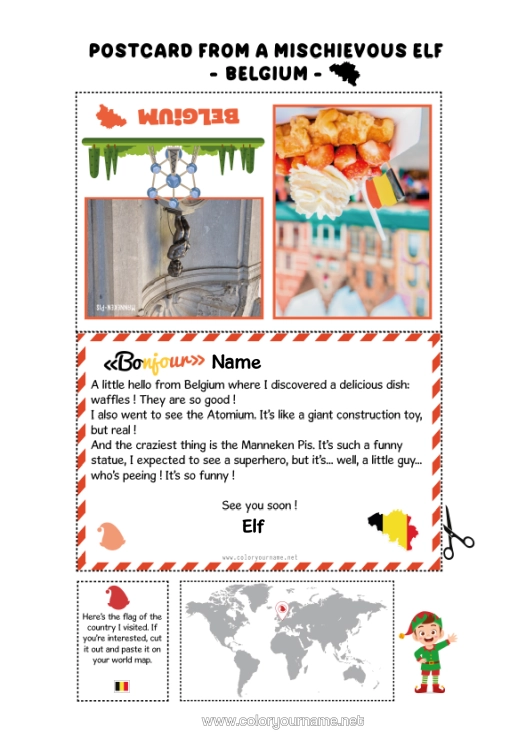 Colouring page to print Belgium Mischievous Elf's Journey Postcard Postcard Of A Single Elf A Single Mischievous Elf