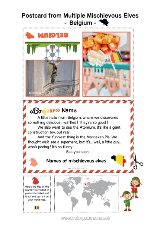 Colouring page to print Belgium Mischievous Elf's Journey Postcard Postcard Of Multiple Elves Several Mischievous Elves.