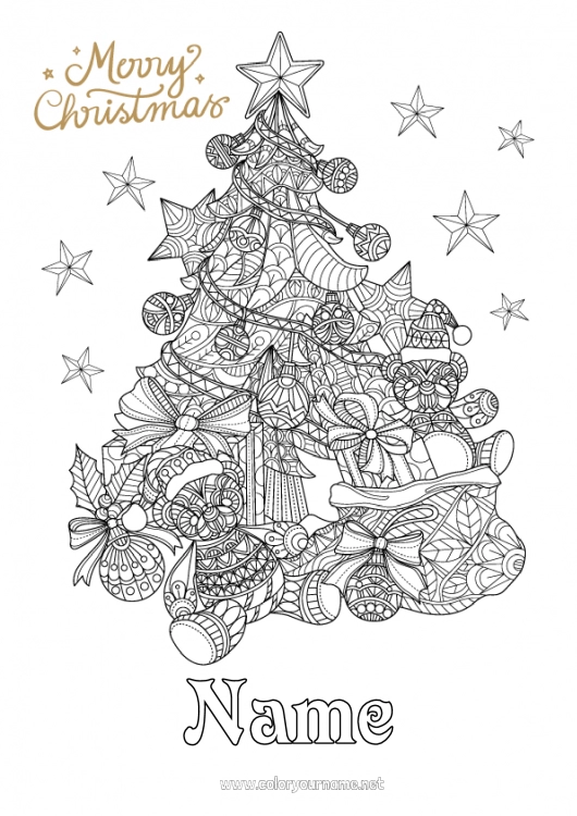 Coloring page to print Gifts Christmas tree Christmas bauble Christmas decorations Hood Complex coloring pages Zentangle “Merry Christmas” message