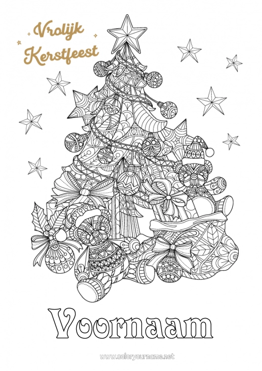 Kleurplaat om af te drukken Cadeaus Kerstboom Kerstbal Kerstversiering Zak Complex Kleurplaten Zentangle 