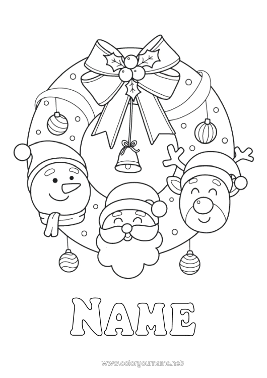 Coloring page to print Santa Claus Reindeer Snowman Christmas wreath Forest animals