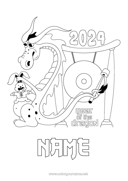 Colouring page to print Dragon Happy New Year Chinese New Year Dragons, Unicorns, And Fantastical Creatures 2024 "Happy New Year" Gong