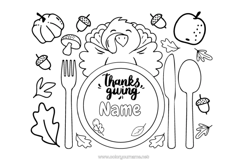 Colouring page to print Pumpkin Thanksgiving Turkey Mushroom Farm Animals Gland Plate