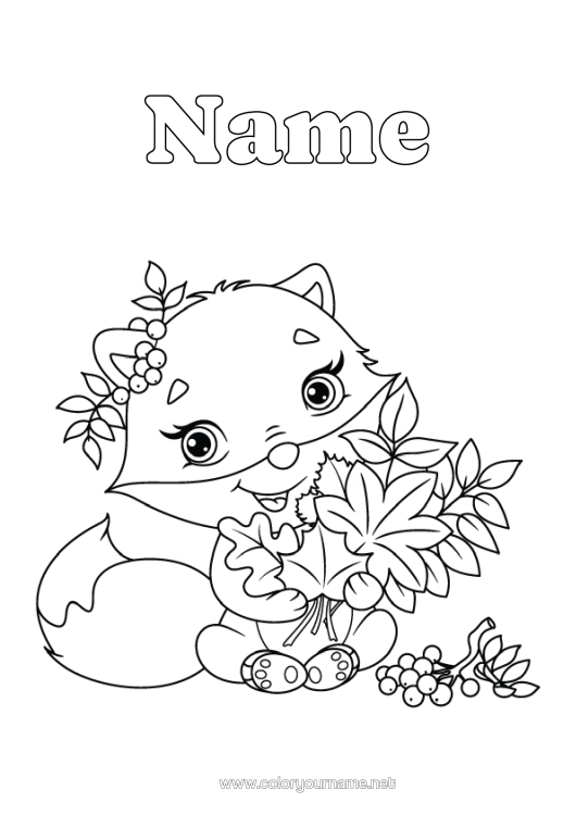 Colouring page to print Cute Autumn Fox Animal Leaves Forest Animals Elderberry