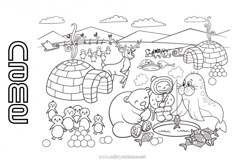 Coloring page to print Bear Snow Reindeer Penguin Seal Flying birds and mammals Forest animals Igloo North Pole Lapland