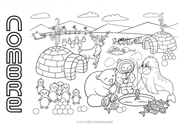 Dibujo para colorear para imprimir Llevar Nieve Reno Pingüino Foca Aves y mamíferos voladores Animales del bosque Iglús Polo norte Laponia