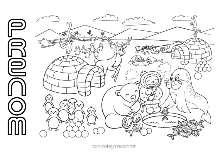 Coloriage à imprimer Ours Neige Renne Pingouin, Manchot Phoque Oiseaux et mammifères volants Animaux de la forêt Igloo Pôle nord Laponie