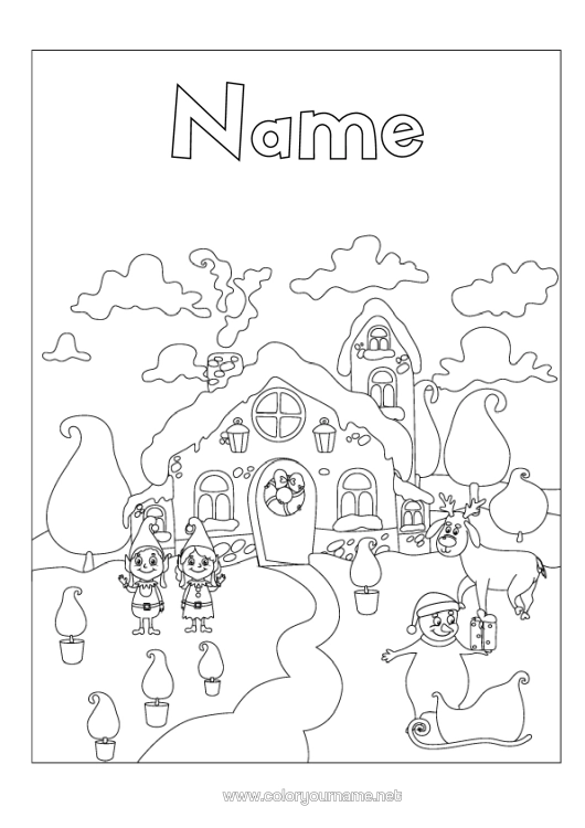 Colouring page to print Snow Christmas Elves Elf Colouring Pages North Pole Santa's Workshop Lapland Cabin