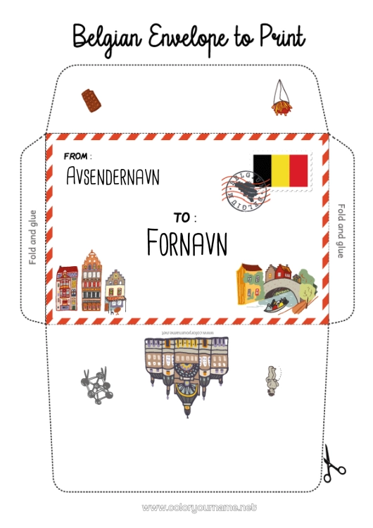 Fargeleggingssiden til utskrift Konvolutt Land Belgia Utskriftsvennlig konvolutt Monument Julealvens reise Konvolutt for nissepost