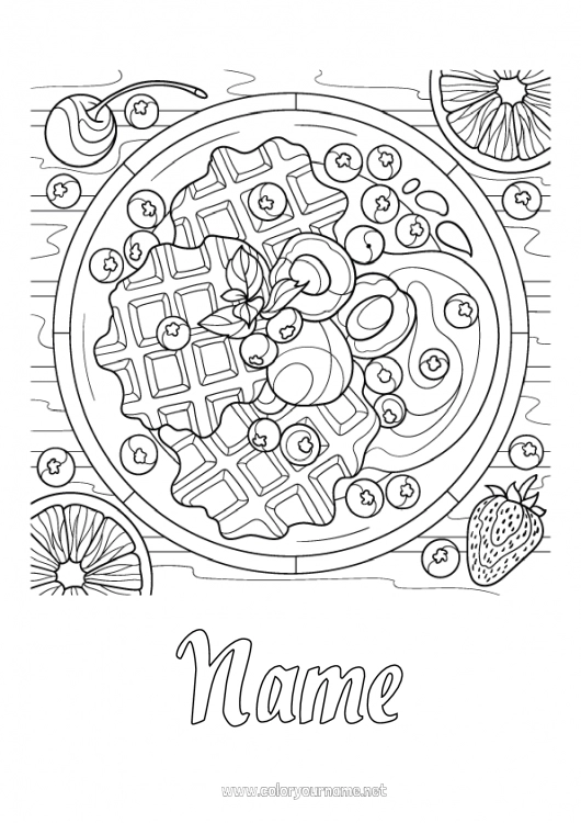 Coloring page to print Cherry Fruits Treats Strawberry Zentangle Belgium Waffles