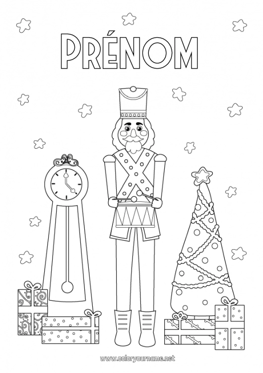 Coloriage à imprimer Sapin de Noël Jeux et jouets Casse-noisette Horloge