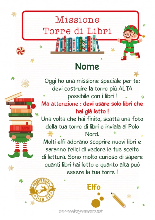 Pagina da colorare da stampare Elfo di Natale Missione dell'Elf di Natale Lettere di elfi scherzosi Libro Lettura