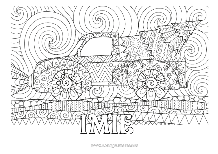 Kolorowanka do wydruku Ciężarówka Pojazdy Zentangle Ciężarówki i pojazdy użytkowe Choinka