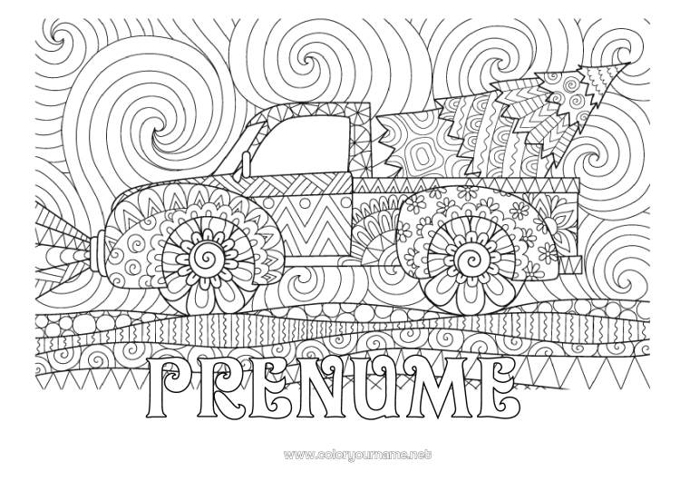 Pagină de colorat de imprimat Camion Vehicule Zentangle Camioane și vehicule utilitare Brad