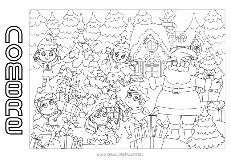 Dibujo para colorear para imprimir Regalos Papá Noel Elfos de navidad Navidad