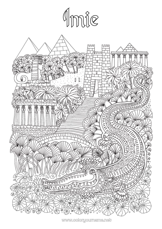 Kolorowanka do wydruku Krokodyl Egipt Złożone kolorowanki Zentangle Kraj Gady Piramida Faraon Historia