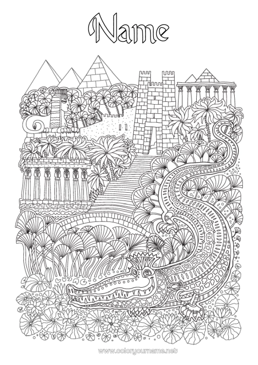 Coloring page to print Crocodile Egypt Complex coloring pages Zentangle Country Reptiles Pyramid