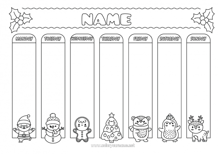 Coloring page to print Winter Christmas Kawaii Children's activities Calendars and planners