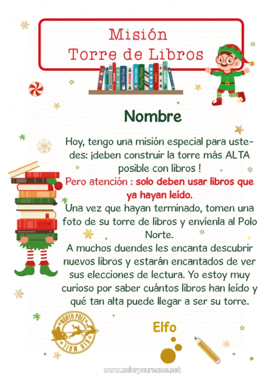 Dibujo para colorear para imprimir Misión del Elfo de Navidad Cartas de elfos bromistas Libro Lectura