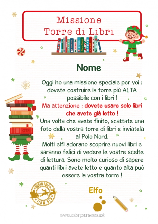 Pagina da colorare da stampare Missione dell'Elf di Natale Lettere di elfi scherzosi Libro Lettura