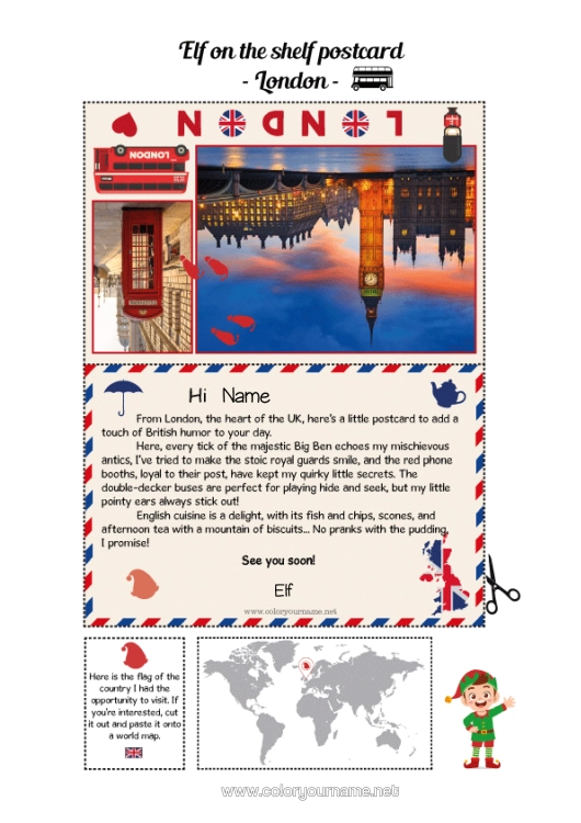Colouring page to print London United Kingdom Mischievous Elf's Journey Postcard Postcard Of A Single Elf A Single Mischievous Elf